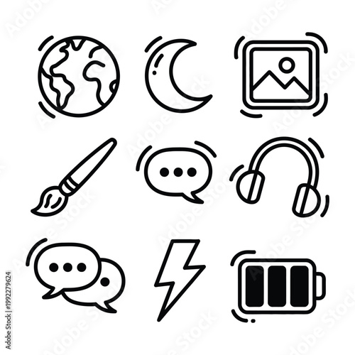 Hand drawn doodle icon vector set, bold black line icons including globe, moon, image, headphone, brush, chat, lightning, and battery for creative UI, mobile apps, notes, and digital interface design