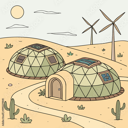 A vector graphic illustration of two green geodesic domes with solar panels in a desert landscape