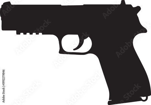 Black silhouette of a handgun with detailed grip and trigger also transparent background, firearm