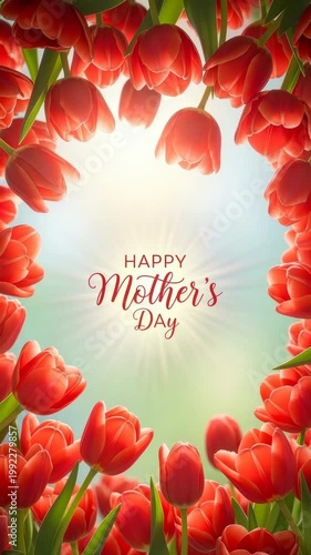 Happy mother's day greeting card with red tulips forming a floral frame around bright sunlight and soft bokeh background