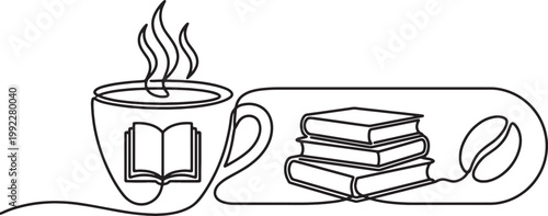 Minimalist continuous line drawing of a steaming coffee cup with an open book and stacked books beside a coffee bean