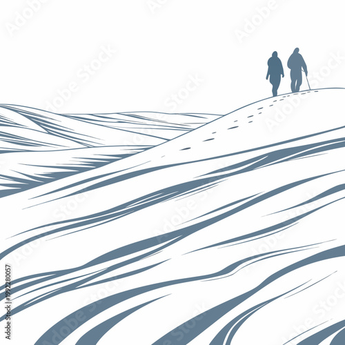 A minimalist vector illustration of two people hiking in a snowy landscape with a serene and peaceful atmosphere