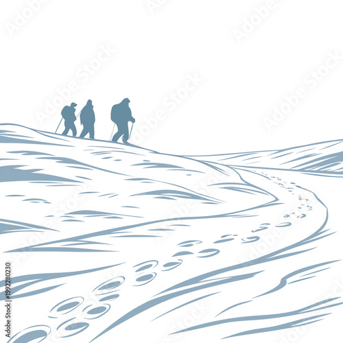 A minimalist vector illustration of three hikers walking on a snowy hill with footprints