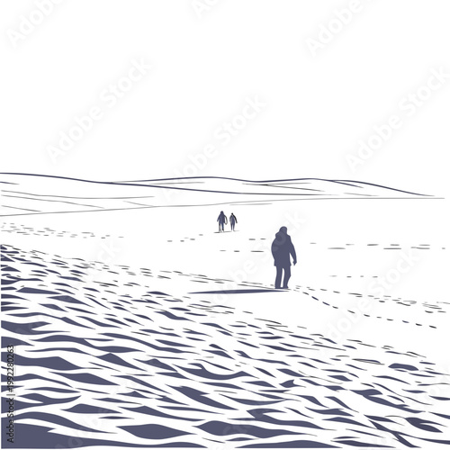 A minimalist vector illustration of people walking in a vast desert landscape with sand dunes
