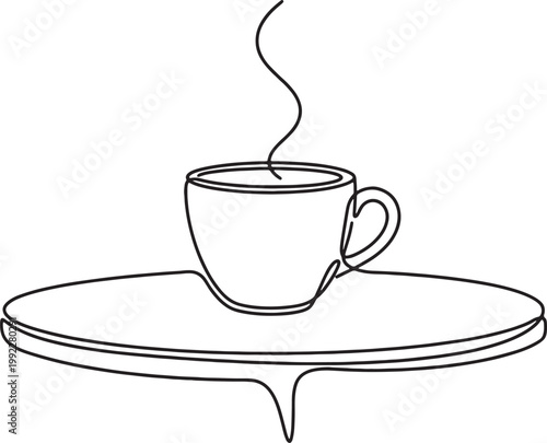 Minimalist line art drawing of a steaming cup of coffee on a saucer isolated on transparent background