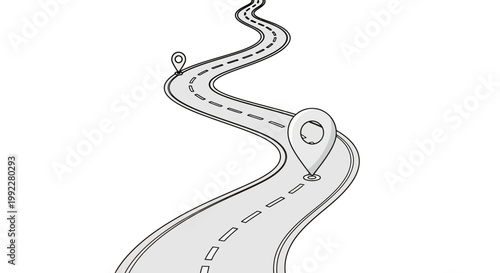 Winding road with location marker.