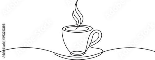 Minimalist continuous line drawing of a steaming cup of coffee on a saucer isolated on a white background