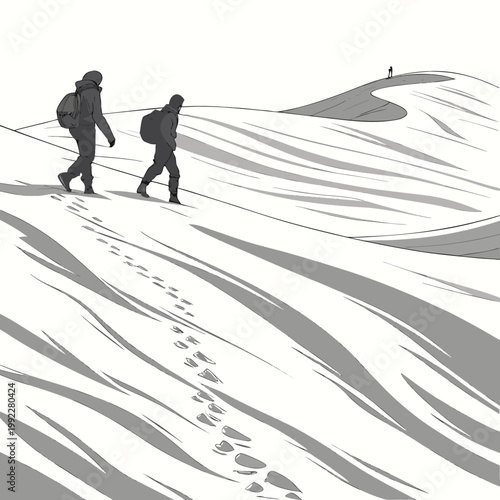 A minimalist vector illustration of two travelers walking through a snowy landscape with footprints in the snow