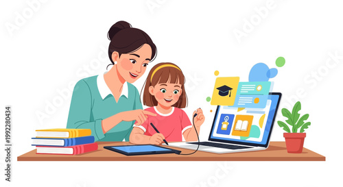 Mother teaching daughter online education with laptop and tablet, e-learning concept