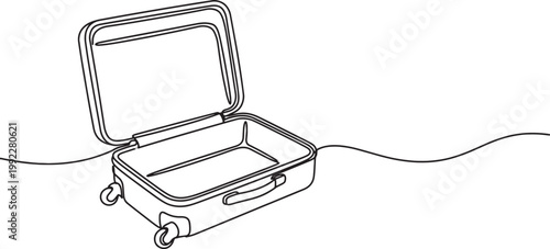 Minimalist one line drawing of an open empty suitcase with wheels and handle isolated on transparent background