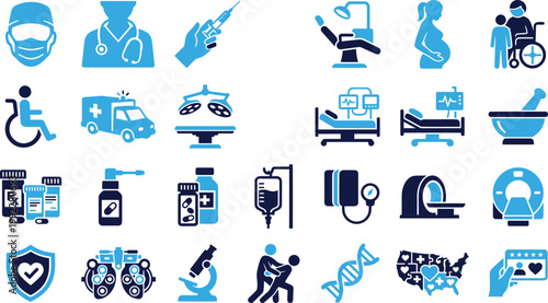 Blue and dark blue icons for healthcare, medicine, and medical care.