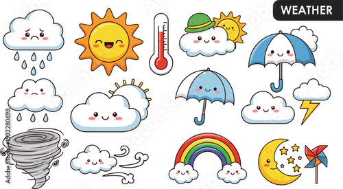 Cute weather icons vector set with sun, clouds, rain, rainbow, storm and umbrella characters, funny meteorology elements collection for kids illustration bundle
