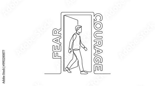 Continuous Line Drawing of Person Walking Through Door from Fear to Courage Minimalist Vector Art