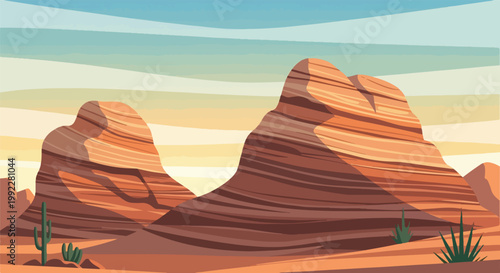 Stylized Desert Landscape Illustration with Red Rock Formations Cacti and Scenic Layered Sky Background