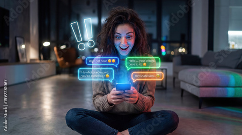 Young woman sitting cross-legged, holding a smartphone, reacting with surprise to glowing neon chat messages. Modern apartment interior at night.