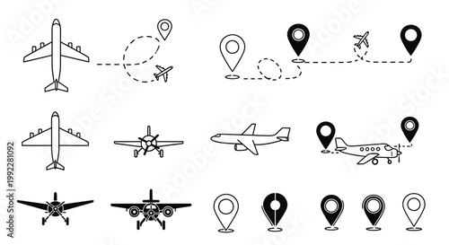 Air travel icons and location markers.
