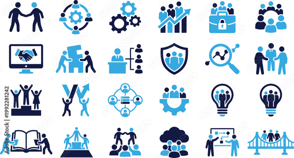 Fototapeta premium Business and teamwork icons representing collaboration growth and success symbols.