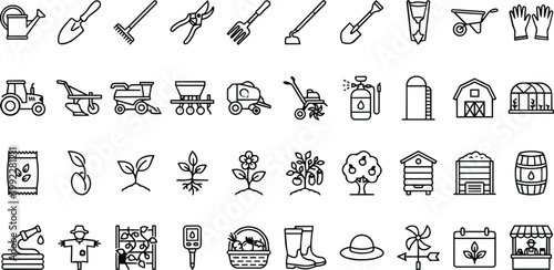 Collection of vector graphic illustrations depicting various agricultural tools, farming equipment, and garden elements
