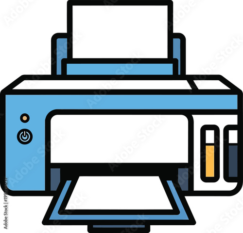 Modern blue and white inkjet printer with paper output tray and ink cartridges for home or office use