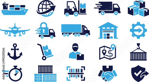 Set of logistics and shipping icons in blue and dark blue colors.