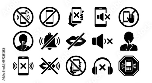 Fotografía Silent Mode Icons, Mute Symbols, No Phone Signs, Volume Off Graphics, Quiet Zone