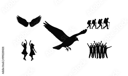 People activities and freedom symbols including hikers dancers and flying bird illustration.