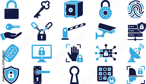 Blue and dark blue icons for security, protection, and access control.