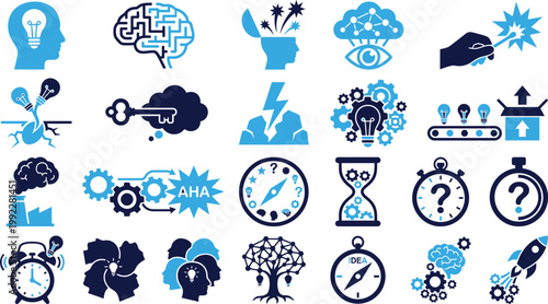 Collection of blue icons representing ideas creativity innovation and problem solving concepts.