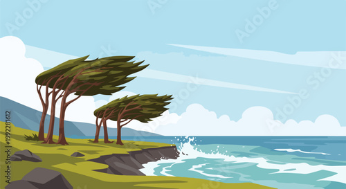 Windy Coastal Landscape Illustration with Cypress Trees and Crashing Ocean Waves on a Sunny Day