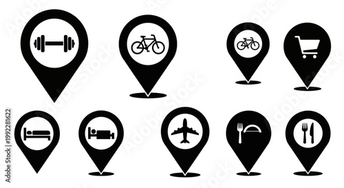 Black icons of travel and shopping locations.