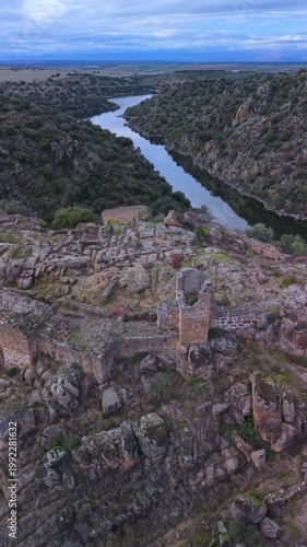 Aerial view from a drone of the Archaeological Site of Ciudad de Vascos (an ancient city of Al-Andalus) in Navalmoralejo, Toledo Province, Castile-La Mancha, Spain, Europe
