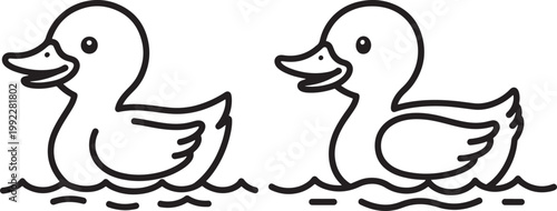 Two cute cartoon ducklings swimming in water simple line art illustration farm animal and pond life concept black and white outline drawing with baby animal duckling illustration wildlife cheerful