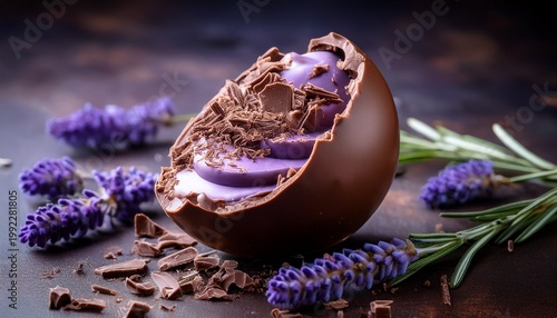 A Macro Shot Of A Cracked Dark Chocolate Easter Egg Revealing A Thick Vibrant Purple Lavender Cream Filling Decorated With Chocolate Shards And Fresh Lavender Sprigs On A Dark Textured Background