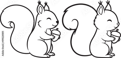 Two cute cartoon squirrels holding acorns happy forest animals simple line art illustration black and white outline drawing with squirrel woodland wildlife cheerful illustration children