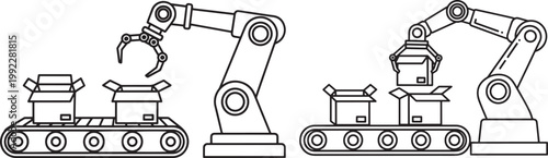 Two industrial robotic arms on a conveyor belt automated production line handling boxes factory automation and technology concept line art illustration with robotic arm smart factory industrial desi