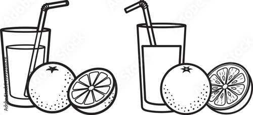 Orange juice with whole and sliced oranges in a glass with a straw black and white line art illustration vitamin c still life illustration beverage vitamin c tropical refreshing healthy food