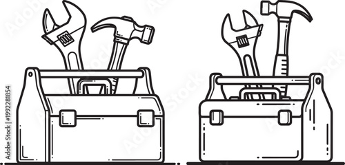 Two open toolboxes with wrenches and hammers inside black and white illustration of repair tools line art home improvement problem solving maintenance construction handyman equipment workshop