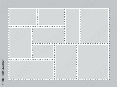Paper postmarks for mail letter. Set of of postage frames. Sale coupons template with perforated borders. Postal stickers set. Empty post stamp collection. Postage stamps. Vector illustration.