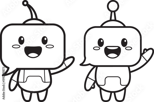 Two cute robot chatbot characters with speech bubble heads waving hello minimalist line art illustration for kids coloring activities UI icon design or artificial intelligence concept technology