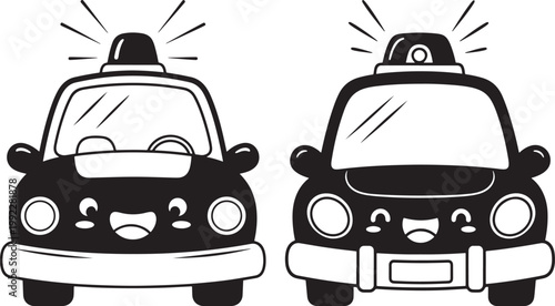 Two cute cartoon police car characters with smiling faces and emergency siren lights front view line art illustration for kids coloring pages law enforcement and safety concept transport emergency