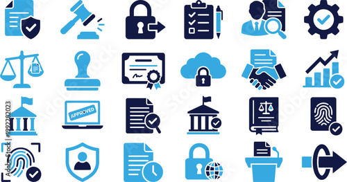 Set of legal and security flat icons on white background blue theme.