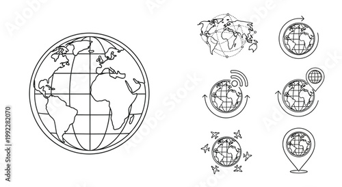 Minimalist world globe icon set, thin line earth map vector collection, global logistics and travel symbols, 7 black and white planet earth illustrations