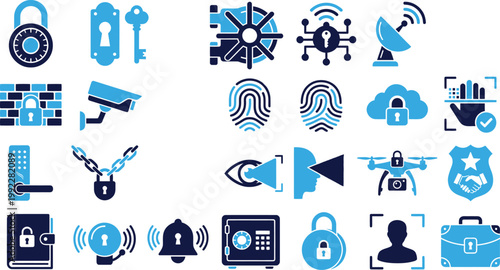 Security and protection icons collection in blue and dark blue theme.