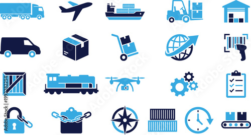 Logistics and delivery icons set in blue and dark blue colors.
