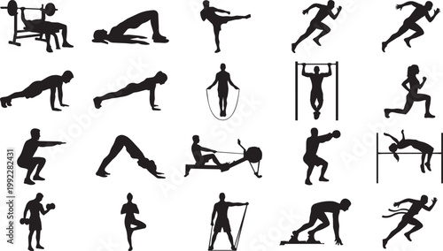 Diverse fitness and sports silhouettes showcase various exercises and athletic activities in a vector graphic collection