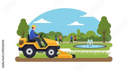 Man Operating Yellow Lawn Mower Machine.