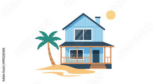 Blue Beach House Illustration with Palm Tree and Sun on White Background
