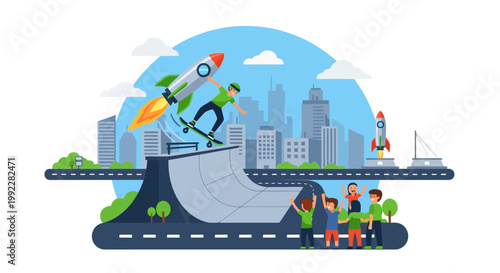 Man Riding Rocket Skateboard Down Ramp.