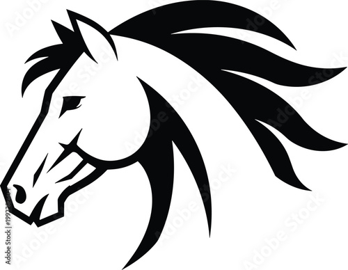 Black and white horse head vector illustration with flowing mane isolated on white background for sports mascot and equestrian branding.