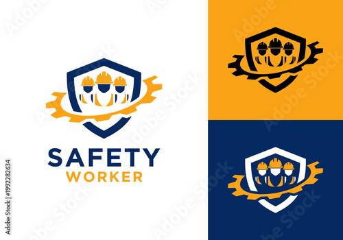 Vector work safety logo design. Simple work safety protection design template featuring a hard hat, gear, and protective shield.